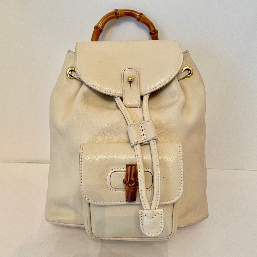 Gucci White/Cream Leather Mini Backpack Bamboo